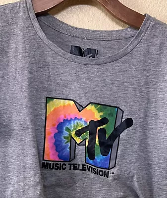 MTV Crop Top Logo Tie Dye Rainbow Gray 80’s Style Juniors T-Shirt Size Large • £15.44