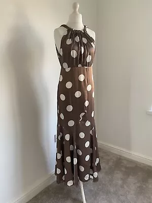 Mint Velvet Brown Polka Dot Satin Occasion Dress Size 10 • £39.99