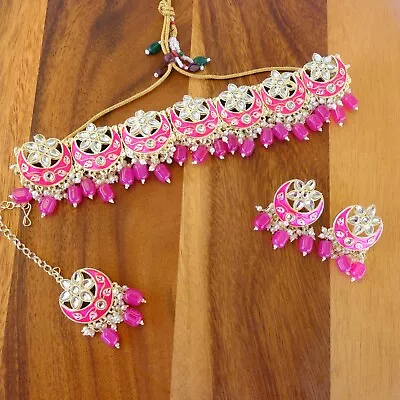 Indian Bollywood Hot Pink Choker Necklace Set With Earrings And Tikka • $60