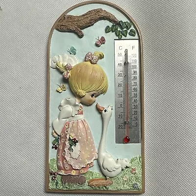 Vintage Giftco Girl & Duck 6.5” Poly Stone Wall Plaque Thermometer Home Décor • $12.99