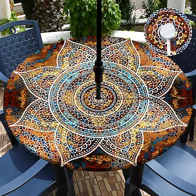 Outdoor Tablecloth With Umbrella Hole Waterproof Round Fitted Tablecloth With El • $37.96