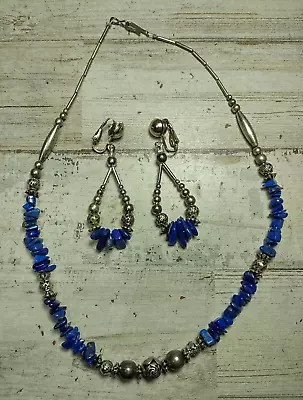 Vintage Lapis Lazuli Chip Bead Necklace And Dangle Clipon Earrings Set • $36.34