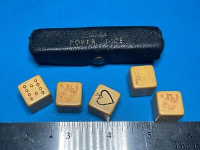 Set Of 5 Bakelite Poker Dice With Leather Snap Case X-1 • $14.95