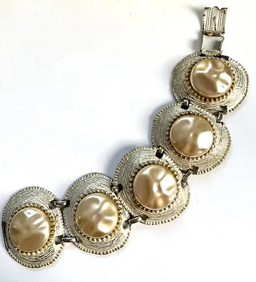 VTG 1960s Chunky Faux Mabe Pearl Bracelet Champaign Taupe White Statement • $14.99