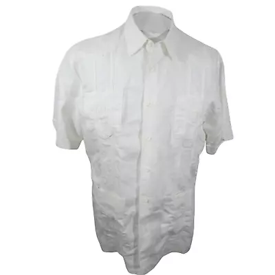 Cubavera Men Shirt GUAYABERA Mexican Wedding Pit To Pit 24 L White Embroidered • $19.54