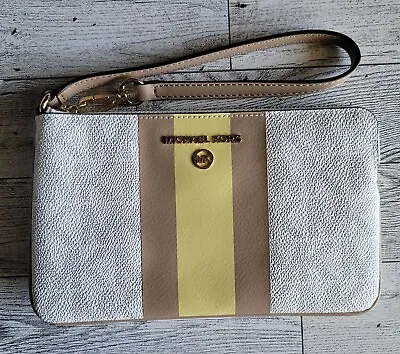 Michael Kors Large Gusset Wristlet Center Stripe Buttercup Pale Yellow NEW $128 • $49.99