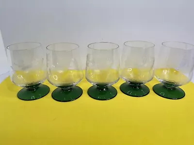 5 Vintage Wine Drink Glasses Bar Ware Green Stems Etched Red Deer Elk • $59.99