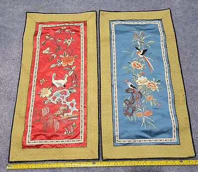 PAIR Beautiful Vintage Chinese Silk Embroidery Panel Birds/Flowers Tapestry LOOK • $45