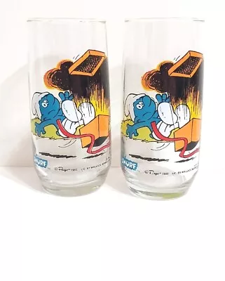 Set Of Two 1982 Smurf Collectible Glasses By Wallace Berrie & Co. Vintage Cups. • $24