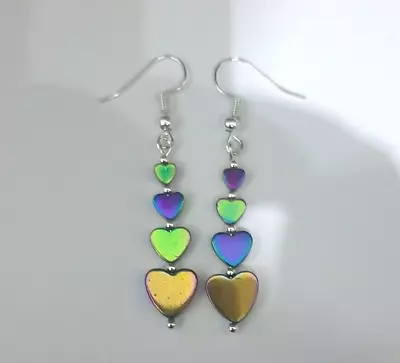 Rainbow Heart Hematite Beaded Hook Earrings 5.5cm Drop E24 • £3.99