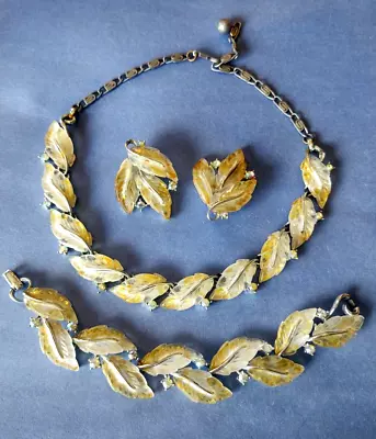 Set Lisner Gold JELLY-LUCITE RHINESTONE LEAF Parure Necklace/Bracelet/Earring • $79.99