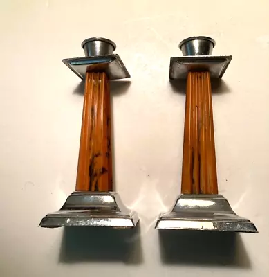 Art Deco Catalin And Chrome Candlesticks • $80