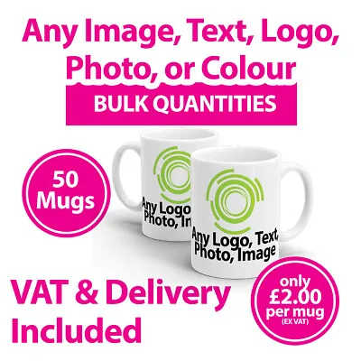 50 Promotional Mugs Cups Any Image Text Or Logo - Personalised Mugs - Printed • £120
