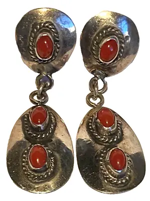 Vintage Navajo Native American Sterling Silver Coral Artisan Dangle Earrings • $188