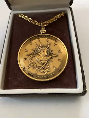 Vintage Taurus Zodiac Sign Medallion Coin Pendant Necklace Gold Tone Metal W/Box • $16.99