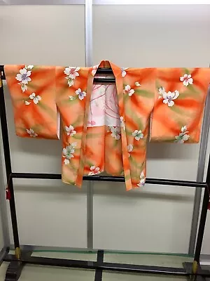 Japanese Vintage Kimono Haori Jacket Silk Orange Flower Height 32.28inch • $59.90