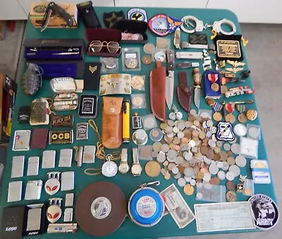 Grandpa's Vintage Junk Drawer Lot Coins Tokens Lighters Knives And More • $99