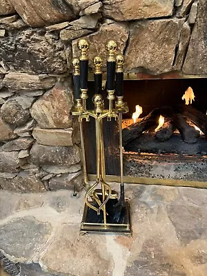 Antique Vintage Fine Black Marble And Brass Fireplace Tools And Stand • $295