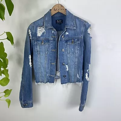 Bardot Size 8 Denim Jacket Cropped Blue Ripped Distressed Button Up • $44.10