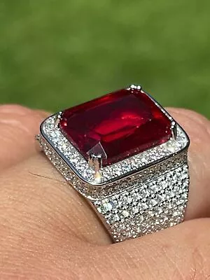 Mens Iced Flooded Out CZ Real 925 Sterling Silver CZ Red Stone Square Big Ring • $66.04