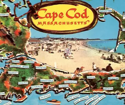 Vintage Chrome Postcard Greetings Map Cape Cod Beach Shore Massachusetts MA • $4.49