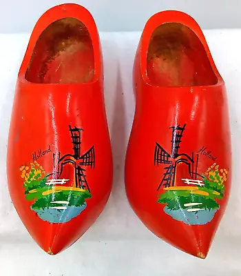 Vintage Holland Dutch Wooden Clogs Shoes Decor Painted Red Windmill Scene Pair • $24.99