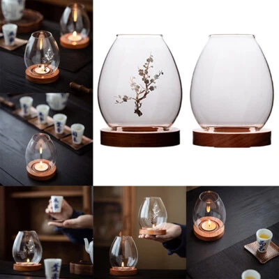 $17.27 • Buy Clear Candle Holder Windproof Glass Cover Wood Base Chimney Home Table Decor