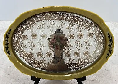 Vtg Gold Pearlized Scroll Celluloid & Embroided Flowers Vanity Tray 11  Oval • $14.99