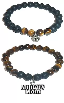 MILITARY MOM Charm Women's Tiger Eye & Black Lava Stretch Bracelet Gift Set • $13.49