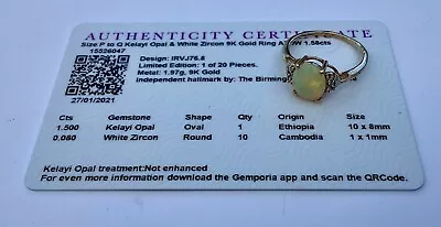 Gemporia 9K Gold Kelayi Opal & White Zircon Ring Size P To Q • £70
