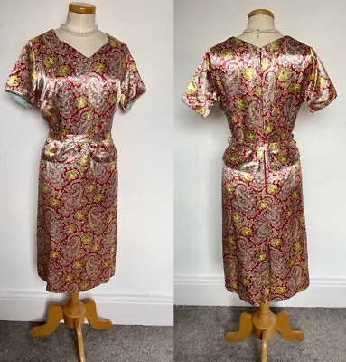 Vintage 50s Dress Silk Satin Peplum Gorgeous Unique French Style Unworn Pristine • £14