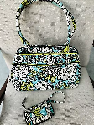 Vera Bradley 2pc EXC Island Blooms Satchel Bowler W Id Wristlet Wallet Aqua Lime • $27