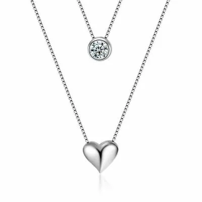 £6.99 • Buy 925 Sterling Silver Double Layer Heart Crystal Pendant Necklace Choker Jewellery