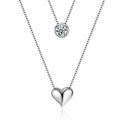 £6.99 • Buy 925 Sterling Silver Double Layer Heart Crystal Pendant Necklace Choker Jewellery