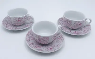 Small White And Pink Floral Outline Set Of 3 Teacups And Saucers • $12.49