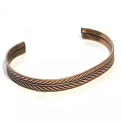 VINTAGE Solid Copper Feather Narrow CUFF BRACELET Ridged Design • $12.95