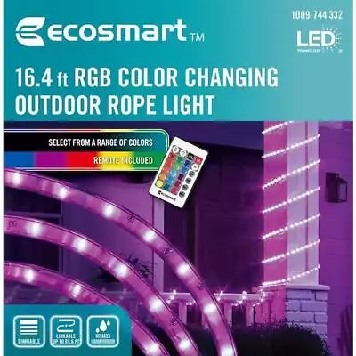 EcoSmart 16.4 Ft. RGB Color Dimmable Linkable Plug-In LED Outdoor Rope Light • $16.99