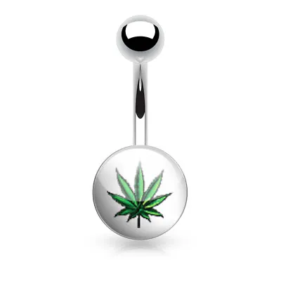 Weed Pot Leaf Picture Logo Navel Belly Ring Surgical Steel 14g (1.6mm) (B/1/4/B • $3.99