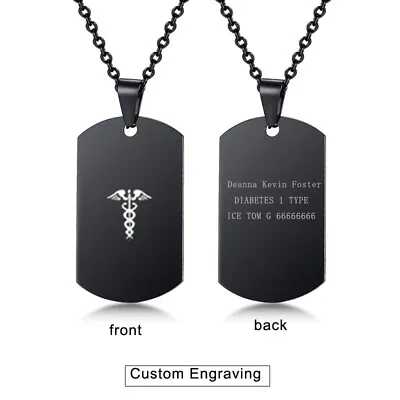Black Medical Alert ID Name Men Necklace Chain Pendant Dog Tag Emergency Jewelry • $4.99