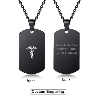 Black Medical Alert ID Name Men Necklace Chain Pendant Dog Tag Personalized Name • £5.39