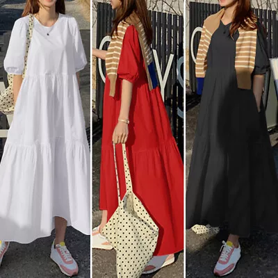 ZANZEA Womens Summer Puff Short Sleeve Loose Waist Holiday Party Maxi Dress PLUS • $22.75