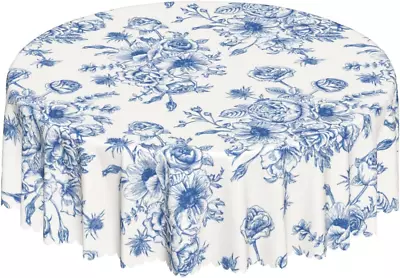 Blue And White Floral Round Tablecloth 60 Inch Elegant Rustic Vintage Flower Ta • $24.93