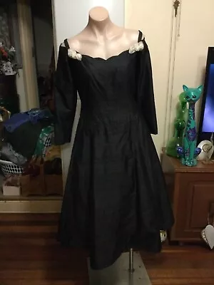 Genuine Vintage Black Raw Silk Fit And Flare Cocktail Party Dress Size 12 • $88