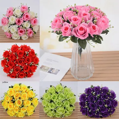 18 Heads Silk Rose Artificial Flowers Fake Bouquet Wedding Home Party Decor • £7.49