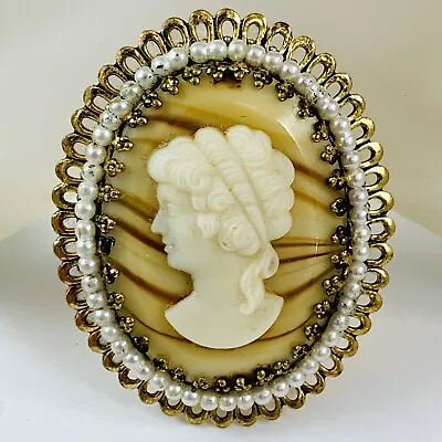 Vintage West Germany Glass Cameo Faux Pearl Gold Tone Oval Brooch Pin • $59.99