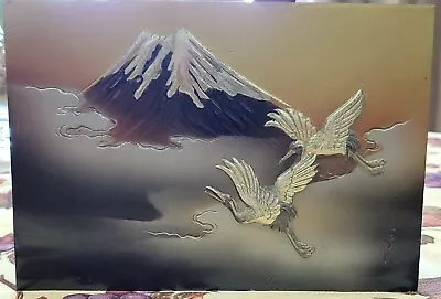 EGRETS BIRD  MIXED METAL JAPANESE ART Mt FUJI PLAQUE PLATE TILE SIGNed • $120