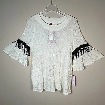 IC Collection NWT Off White Top Black Trim Pucker Stretch Lace Ruffle Sleeve XL • $48.90