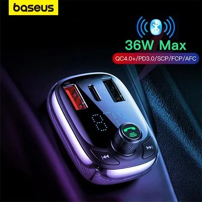 Baseus Handsfree Wireless Bluetooth5.0 FM Transmitter Fast Charger Car Adapter • $21.24