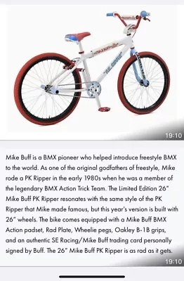 £1199.95 • Buy SE Racing Mike Buff PK Ripper BMX SE Bikes Retro 26” BMX Cruiser Bike