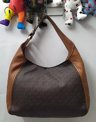 Michael Kors Fulton Brown Leather MK Printed Zipper Hobo Shoulder Bag • $81